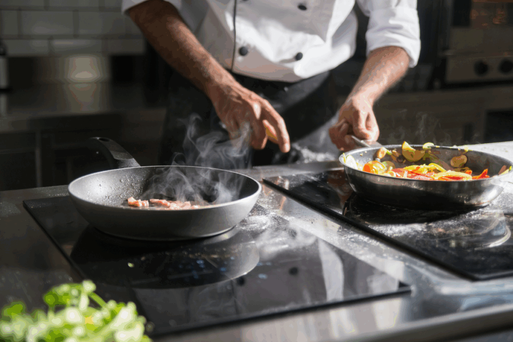Cuisinier en uniforme préparant des plats dans deux poêles, avec des légumes sautés et des morceaux de viande sur plaques chauffantes.